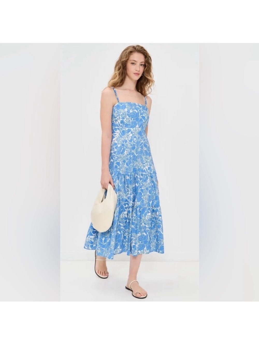 o.p.t. Dagney Cotton Midi Dress in Lapis Floral Beaded Fabric Straps Size 6